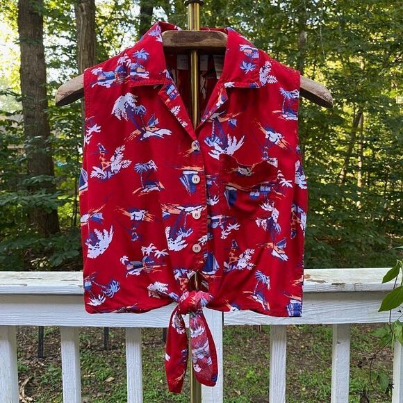 Vintage 90s Liz Claiborne Red Hawaiian Tie Waist Crop Blouse - Picture 2 of 6